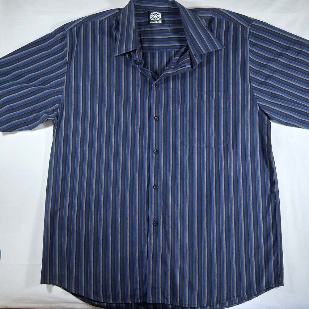 Maui Built Men's 2XL Button Down Shirt Blue Black Striped Short Sleeve Hawaiian